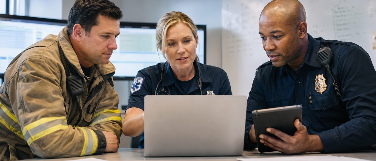 Fire, EMS, and law-enforcement leaders collaborate around a laptop and tablet in a training office.