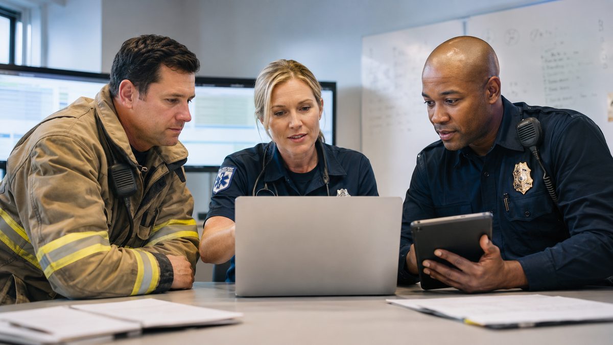 Fire, EMS, and law-enforcement leaders collaborate around a laptop and tablet in a training office.