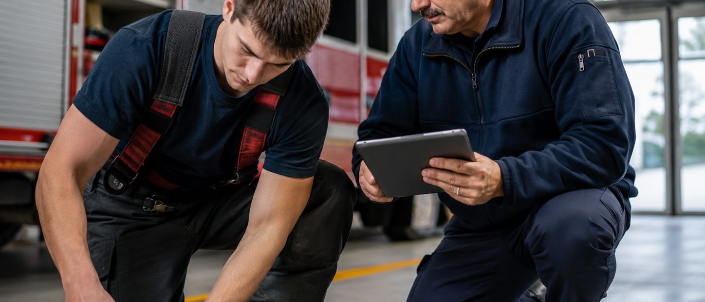 A fire officer observes a probationary firefighter working with equipment while reviewing progress on a tablet in a station bay.