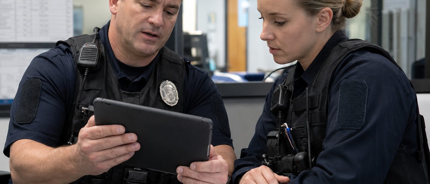 A senior officer reviews information on a tablet with a trainee or colleague in a police office.
