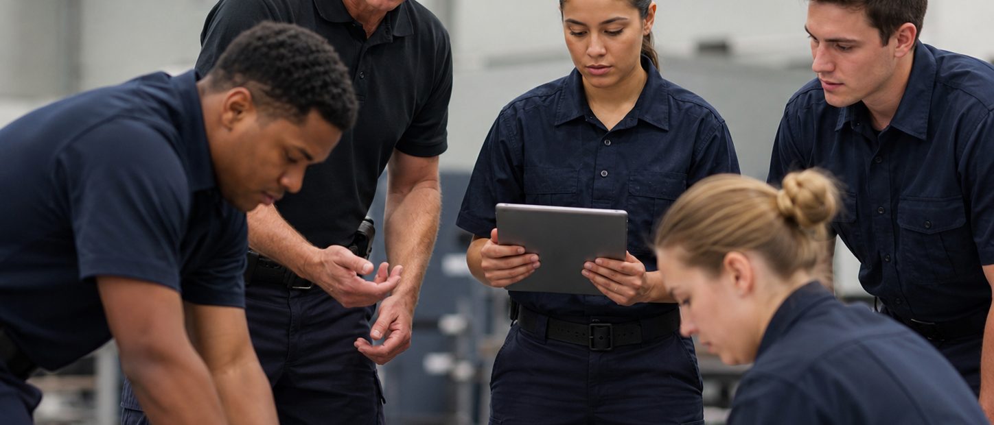 An instructor and academy students gather around a practical exercise while one student checks information on a tablet.