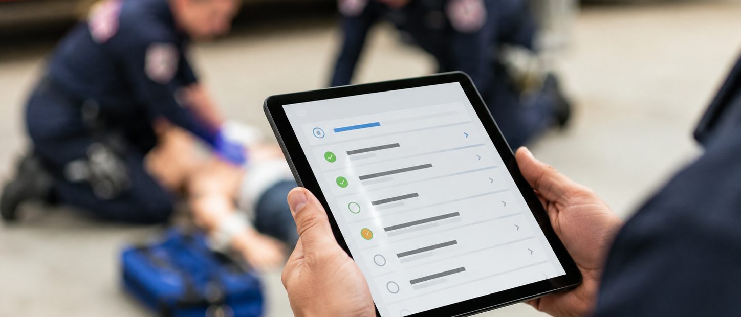 A close-up of a tablet showing a checklist-style interface while responders train in the background.