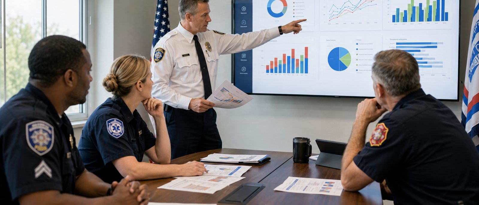Public-safety leaders review charts and reports during a briefing around a conference table.
