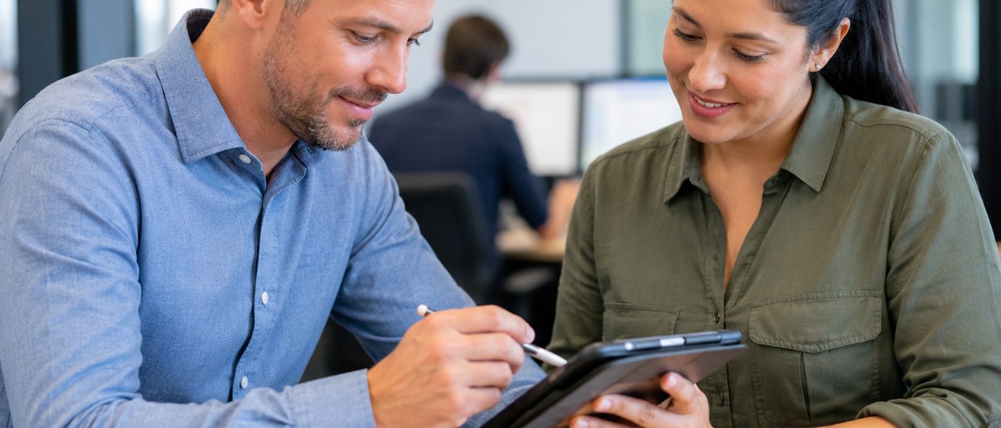 Two professionals review and confirm information together on a tablet in a modern office.