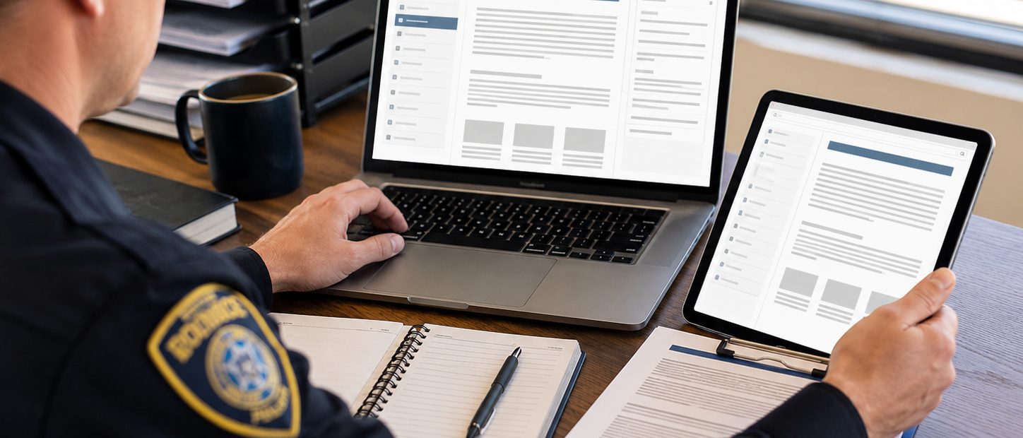 A public-safety professional references documents on a laptop and tablet in an organized office workspace.