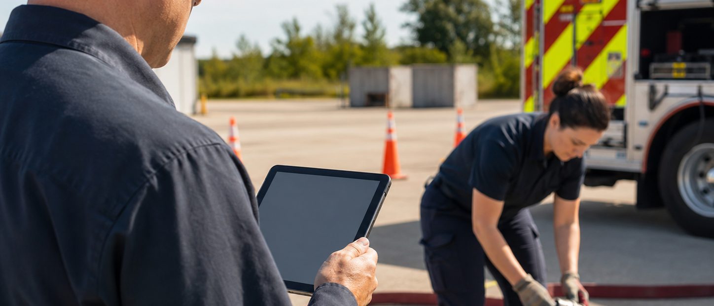 A field evaluator holds a tablet while observing a hands-on public-safety training drill near an emergency vehicle.